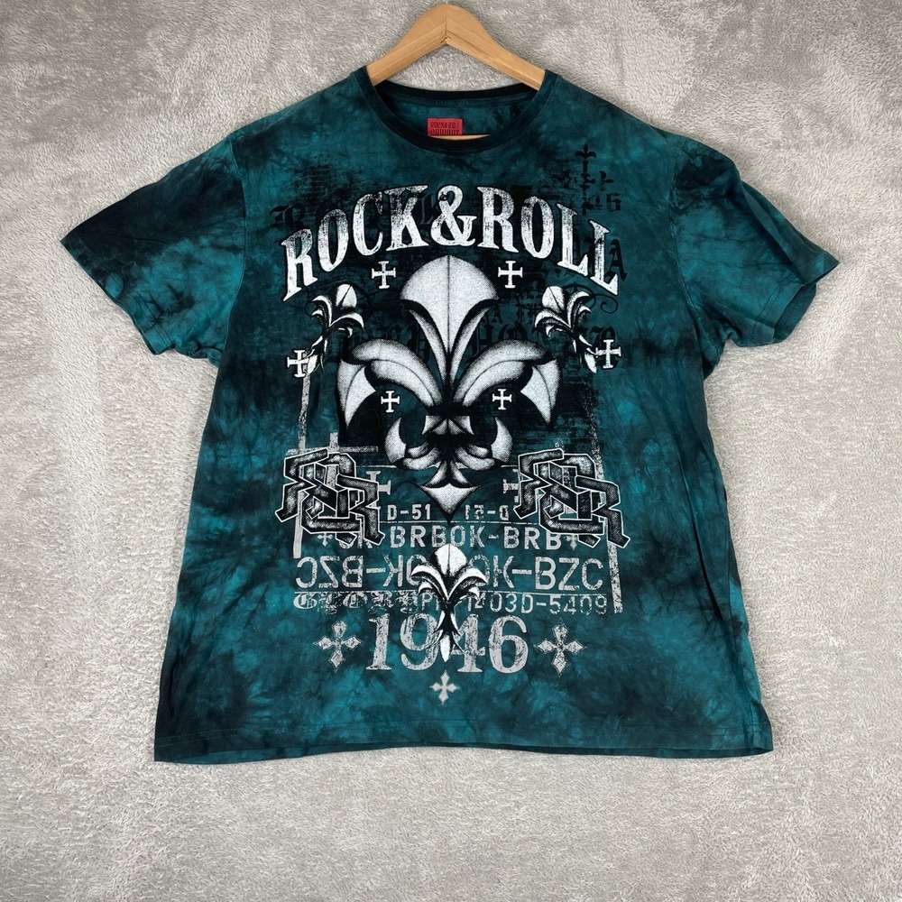 Rock and Roll Cowboy Shirt Mens‎ 2XL Teal Tie Dye Skater Y2K Grunge